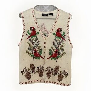 VTG Cardinal Embroidered Sweater‎ Vest Women PM Cottagecore Kitsch Grannycore